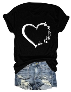 Detailed flat lay of black crew neck T-shirt with white Physical Therapy heart print