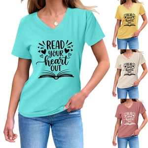 Detail of V-neck short sleeve t-shirts with 'Read Your Heart Out' print in four colors
