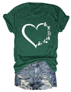 Detail of forest green crew neck tee with PT heart graphic and distressed denim shorts
