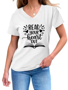 Close-up of Read Your Heart Out print on white V-neck short sleeve cotton t-shirt