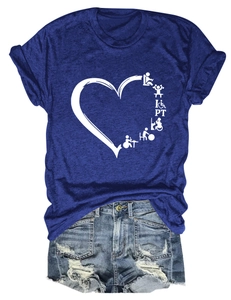 Close-up of a navy crew neck T-shirt with heart PT print and ripped denim shorts