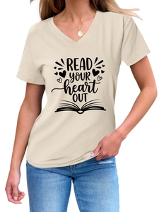 Detail of V-neck beige cotton t-shirt with Read Your Heart Out print and book graphic