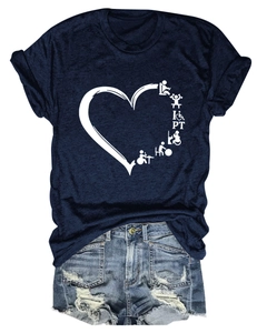 Detail of navy cotton T-shirt with heart graphic and ripped denim shorts for physical therapy