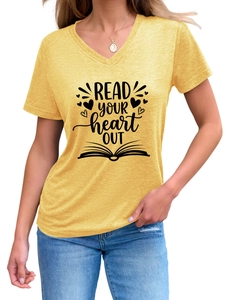 Detail of V-neck yellow cotton T-shirt featuring Read Your Heart Out graphic print