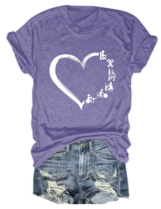 Flat lay of purple Physical Therapy heart graphic T-shirt with distressed denim shorts