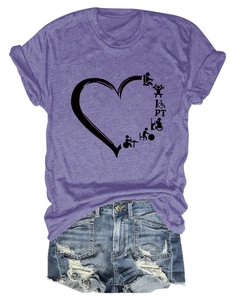 Flat lay of purple short sleeve t-shirt with physical therapy print and blue denim shorts