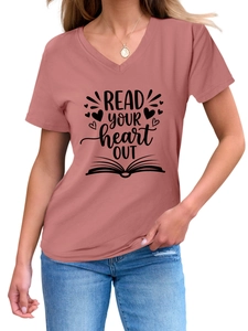 Detail of V-neck t-shirt in dusty pink featuring Read Your Heart printed design