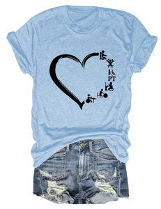 Flat lay of light blue T-shirt with heart PT print and distressed denim shorts set