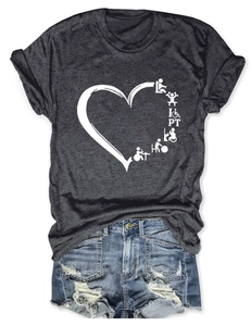 Flat lay of charcoal grey T-shirt with heart PT icons and ripped denim shorts