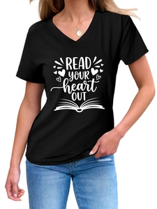 Detail of V-neck cotton T-shirt featuring 'READ YOUR heart OUT' graphic and book icon