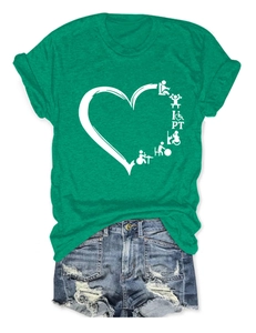 Detail of green crew neck T-shirt with heart PT print and distressed denim shorts