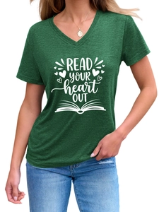 Detail of dark green V-neck T-shirt featuring Read Your Heart Out graphic and soft texture