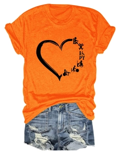 Detail of orange round neck T-shirt with PT heart graphic and ripped denim shorts set