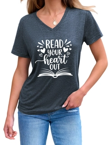 Detailed close-up of charcoal grey V-neck T-shirt featuring Read Your Heart Out print
