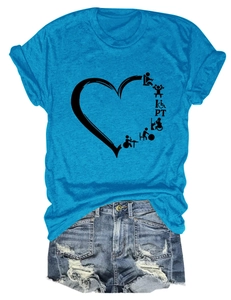 Detail of light blue crewneck t-shirt with heart-shaped PT physical therapy print