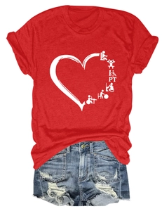 Detail of red crew neck T-shirt with white Physical Therapy heart print and rolled sleeves