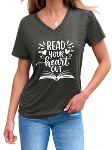 Detail of V-neck dark grey T-shirt featuring Read Your Heart Out graphic print