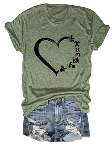 Flat lay of a green cotton crewneck T-shirt with PT graphics and ripped denim shorts
