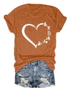 Flat lay of caramel t-shirt with heart PT icons print and ripped denim shorts