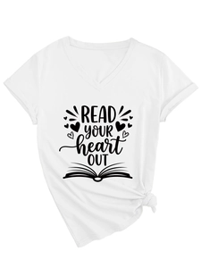 White V-neck T-shirt with 'READ YOUR HEART OUT' text and stylish side knot detail