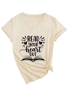 Detail of apricot V-neck T-shirt with 'READ YOUR HEART OUT' print and side knot detail