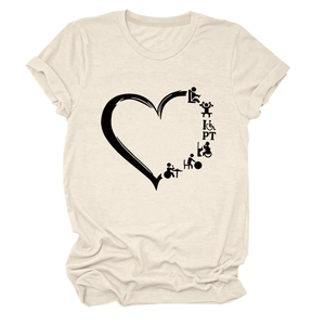 Detail of cream cotton t-shirt with physical therapy heart print and rolled cuffs