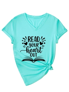 Detail of mint green V-neck T-shirt featuring 'READ YOUR heart OUT' graphic print and hem knot