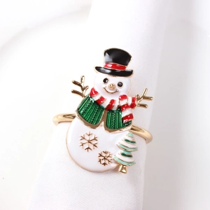 Detail view of snowman napkin ring with colorful enamel finish and gold festive accents