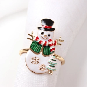 Detail of Christmas snowman napkin ring with striped scarf and gold snowflake on white napkin