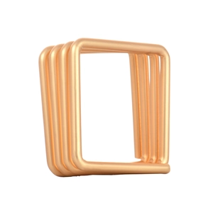Close-up of four square matte gold metal napkin rings with intricate wire texture