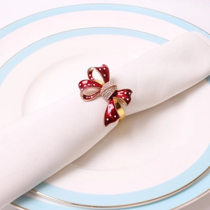 Christmas red polka dot bowknot napkin ring with rhinestones and gold finish