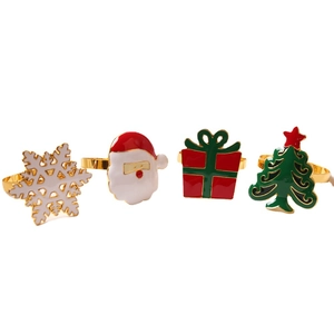 Set of 4 Christmas napkin rings with snowflake, Santa, tree and gift box designs