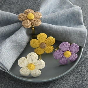 Handmade Woven Plum Blossom Napkin Ring Five Petal Flower Buckle Hemp Rope Paper Straw Napkin Holder For Wedding Christmas Banquet Table Decoration