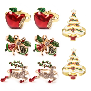 Ronds de Serviette de Noël Or Alliage Émail Strass Pomme Renne Cloche Sapin de Noël Boucle de Serviette pour Décoration de Table de Fête
