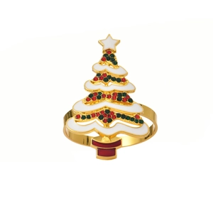Rond de serviette sapin de Noël doré avec émail blanc et strass multicolores