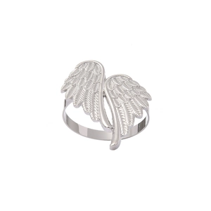 Silver metal angel wing napkin ring with detailed feather texture on white background