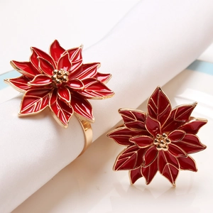 Christmas poinsettia napkin rings with red enamel flower and gold finish, set of two