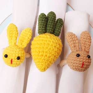 Handmade crochet bunny and carrot napkin rings set with wood ring for table decor