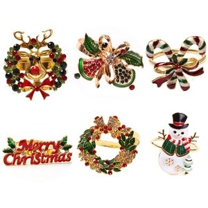 Christmas Napkin Rings Alloy Metal Rhinestone Enamel Reindeer Snowman Wreath Candy Cane Holiday Dinner Table Decorations