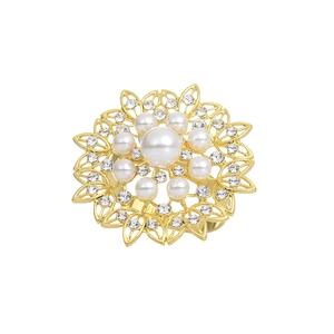 Elegant gold flower napkin ring with large central pearl and sparkling rhinestones