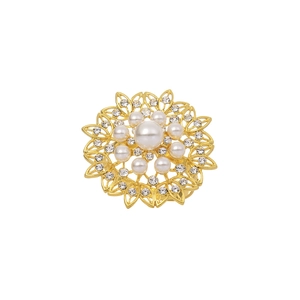 Detail of flower napkin ring with gold plating, center pearl, and sparkling rhinestones