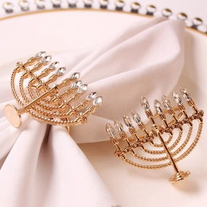 Menorah Napkin Ring Gold Metal Alloy Rhinestone Jewish Hanukkah Holiday Table Decoration Multi Branch Candelabra Shape