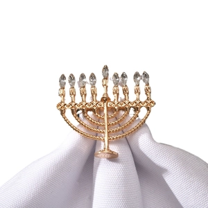 Golden Hanukkah Menorah napkin ring with clear rhinestones on white fabric base