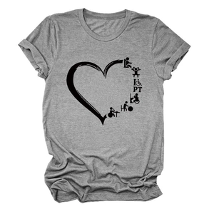 Detail of grey crewneck T-shirt showing rolled sleeve and black PT heart graphic print