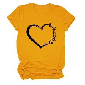 Close-up of ginger yellow t-shirt with heart-shaped Physical Therapy PT graphic pattern
