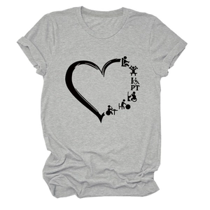 Detail of grey crew neck T-shirt featuring I Love Physical Therapy graphic print