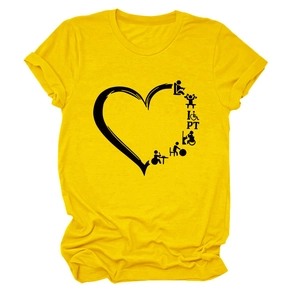 Close-up of yellow crew neck T-shirt with I love PT physical therapy heart graphic