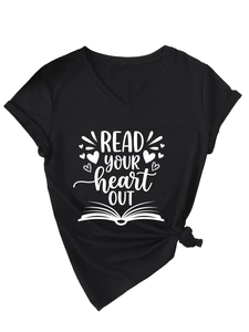 Close-up of V-neck T-shirt with Read Your Heart Out print and tied hem detail