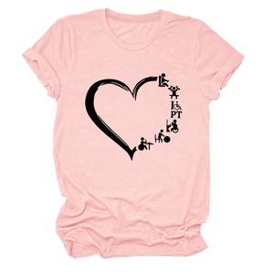 Close-up of the black heart-shaped physical therapy print on a pink crewneck T-shirt