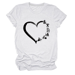 Detailed view of white cotton T-shirt featuring black heart and physical therapy PT print
